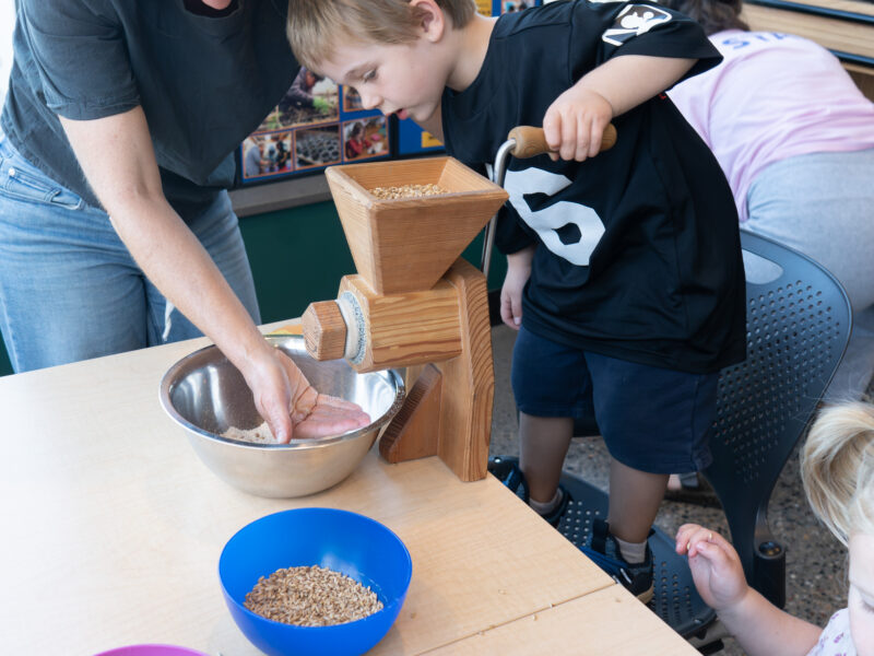 an adult helping a child with a flour mill