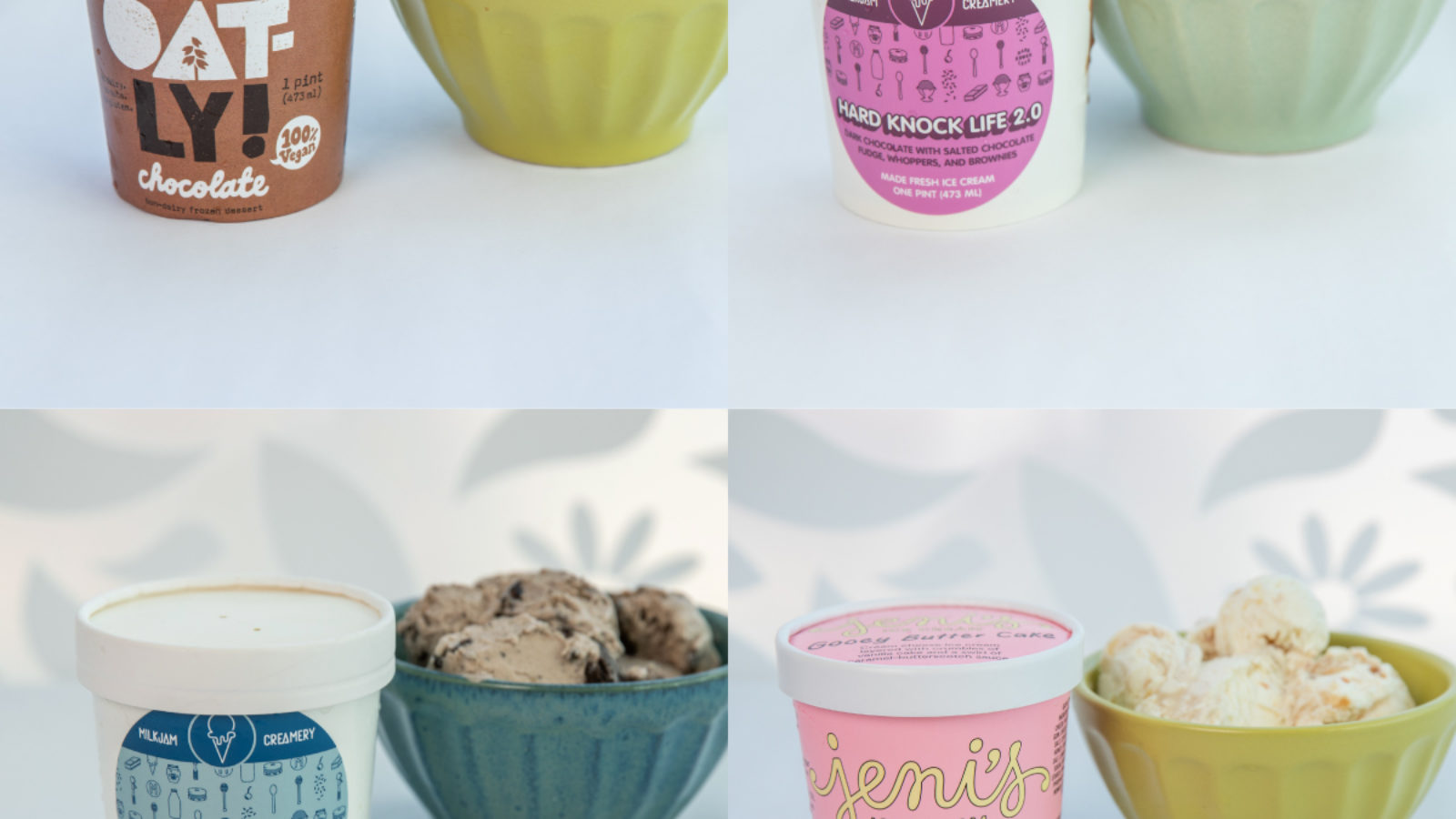 A collage of various pints of ice cream and bowls of ice cream