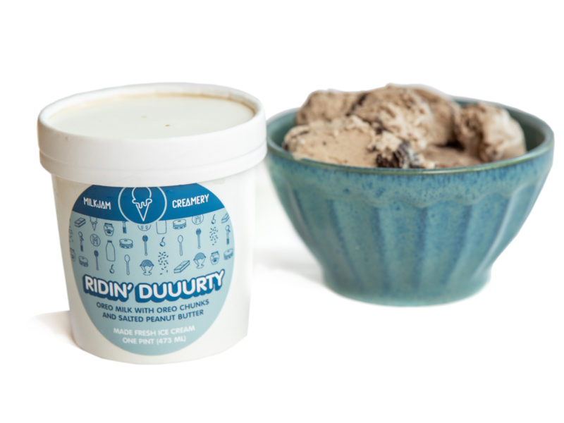 A bowl and carton of Milkjam Ridin' Duuurty ice cream