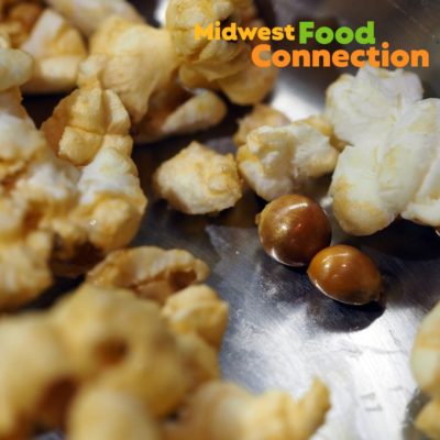 Popcorn with the logo for Midwest Food Connection in the top corner