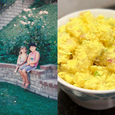 A diptych of a bowl of potato salad and two kids sitting on a short brick wall in a backyard