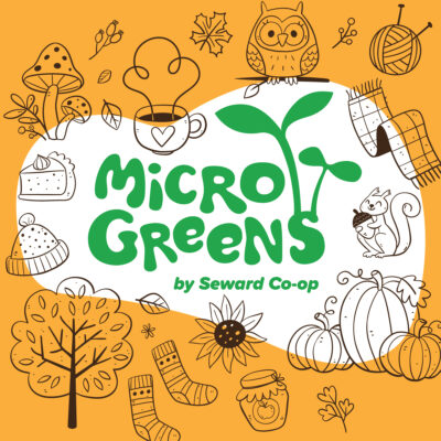 An orange graphic reading "Microgreens by Seward Co-op" with illustrations of fall themed items