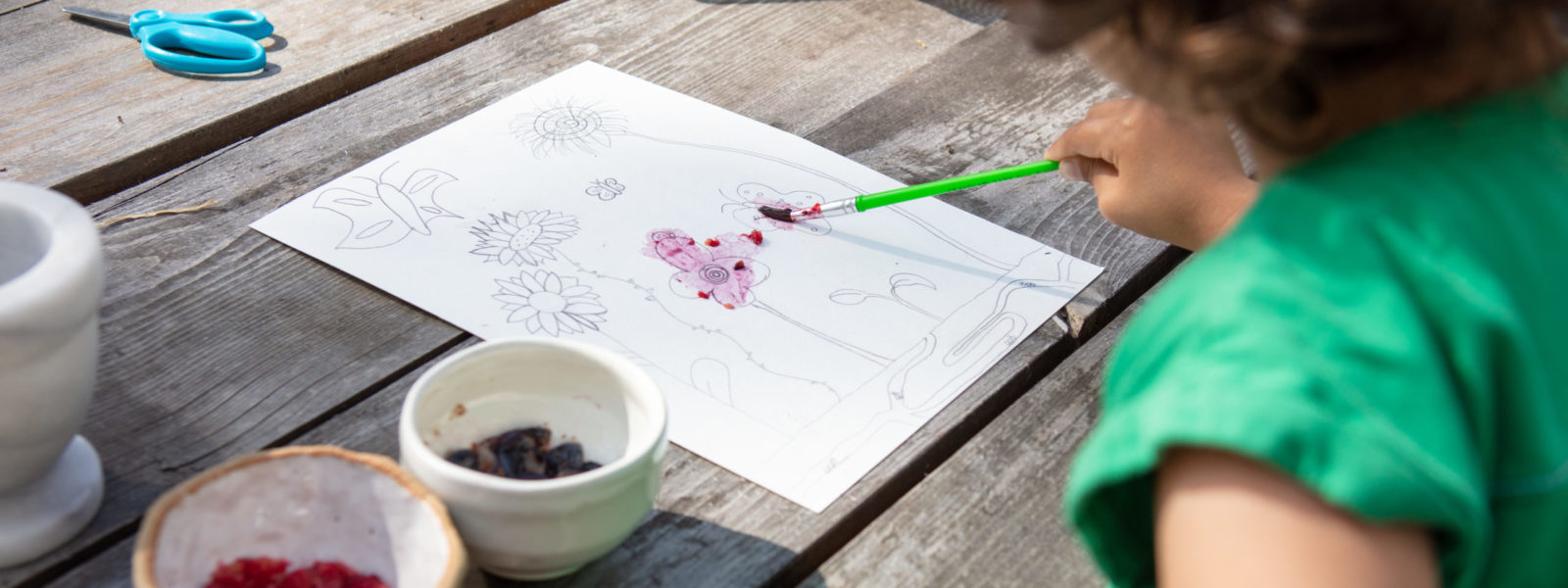 A child in a green shirt painting a paper with pressed berries