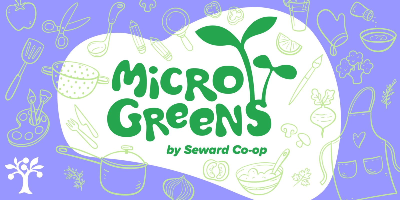A graphic with a periwinkle background and small green illustrations that reads "Microgreens" in the center