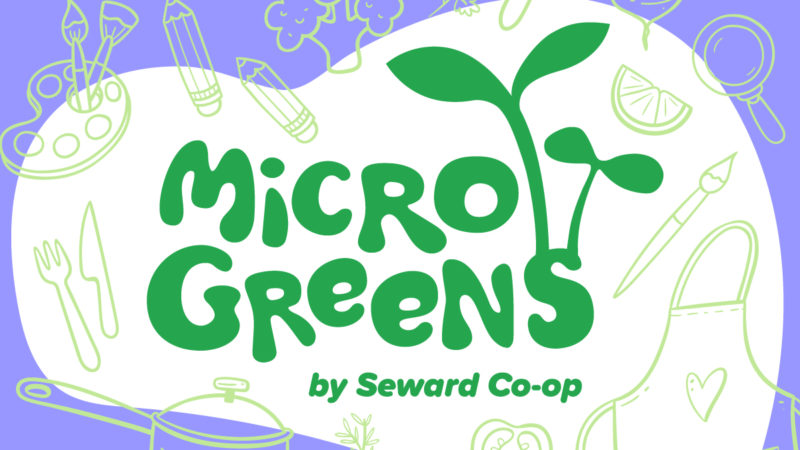 A graphic with a periwinkle background and small green illustrations that reads "Microgreens" in the center