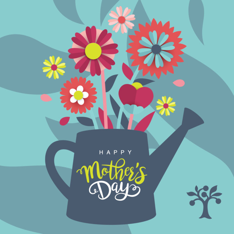 An illustration of a watering can and flowers with text reading "Happy Mother's Day"
