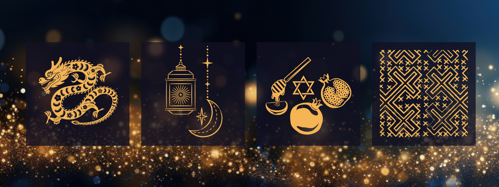 A gold and black design with various illustrated graphics, including a dragon, a lamp and moon, a pomegranate and Star of David, and a geometric pattern.