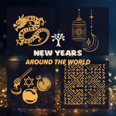 A gold and black design with various illustrated graphics, including a dragon, a lamp and moon, a pomegranate and Star of David, and at geometric pattern. Text overlay reads "New Years around the world"