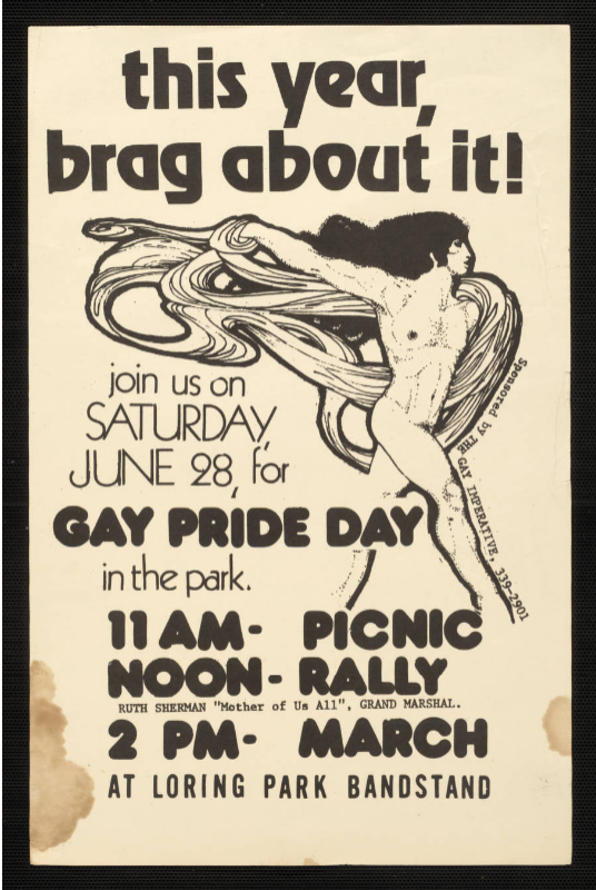 A poster for Pride in the Twin Cities that says "This year, brag about it!" and "Gay Pride Day" with times for a picnic, rally, and march
