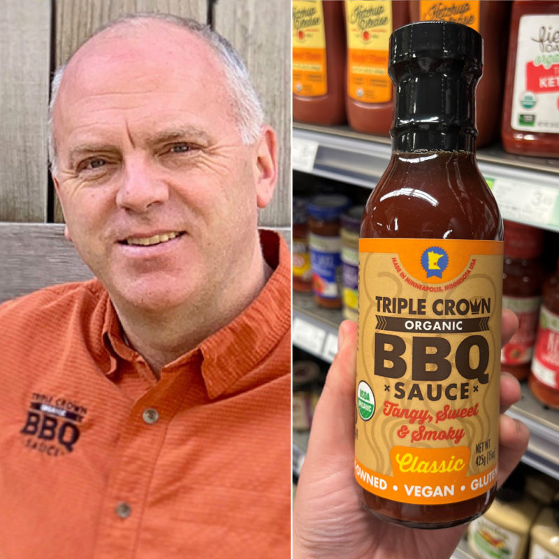 The owner of Triple Crown BBQ Sauce and a bottle of the sauce