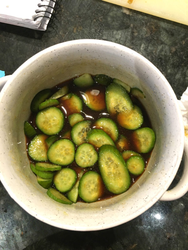 A photograph of quick pickles in a bowl