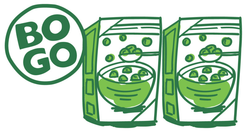 A green illustration of two boxes of cereal and a BOGO logo