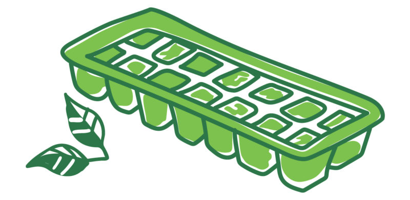 A green illustration of an ice cube tray with herbs