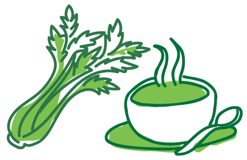A green illustration of a vegetable and a cup of soup