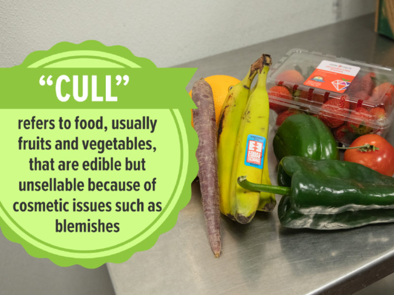 A picture of Produce items in "cull," which refers to food, usually fruits and vegetables, that are edible but unsellable because of cosmetic issues such as blemishes