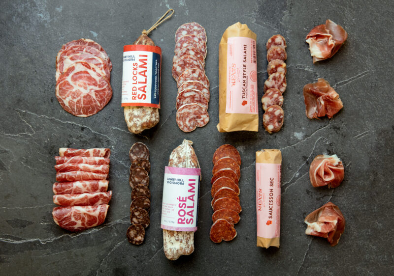 An overhead photograph of salami