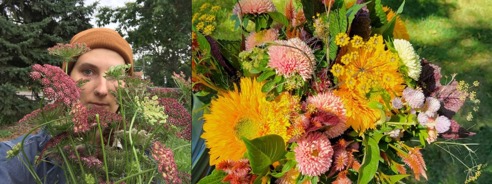 A diptych of a person looking through a bouquet of pink flowers and a second picture of a bouquet with yellow flowers