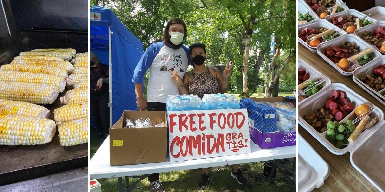 A collage of photos showing people handing out free food and some of the food