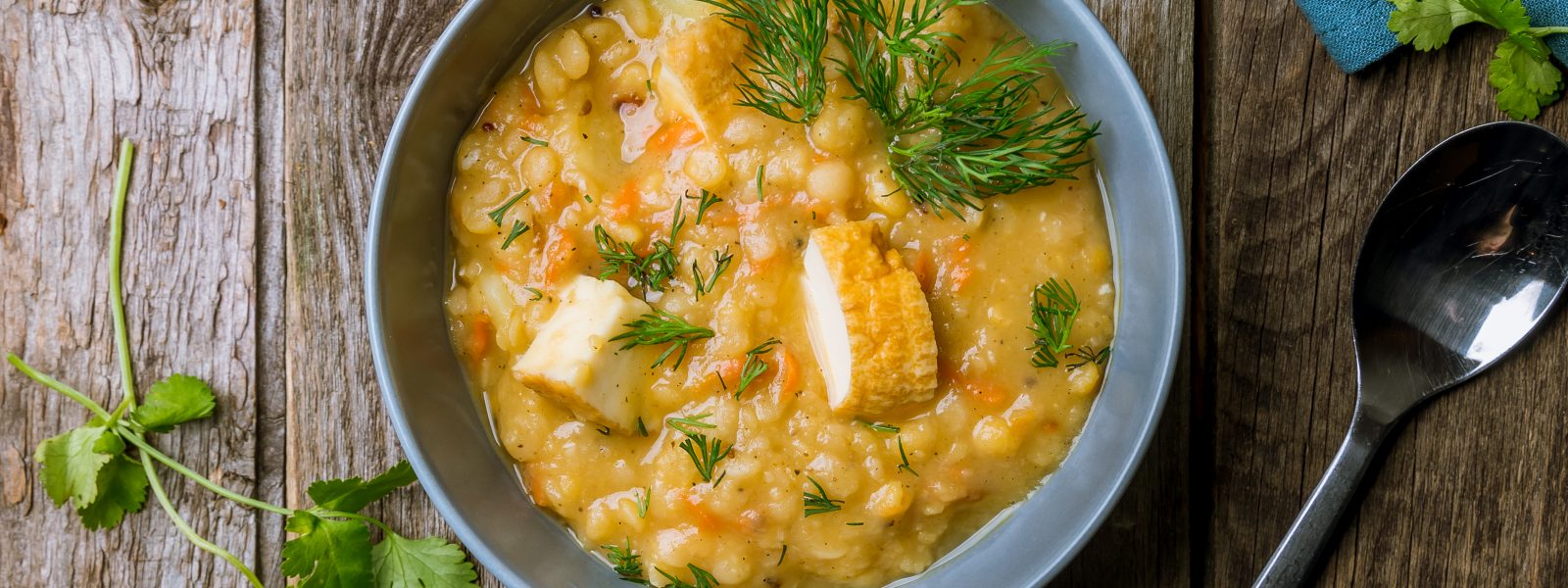 Vegetarian Split Pea Soup with Potatoes, Lemon, & Dill - Bowl of