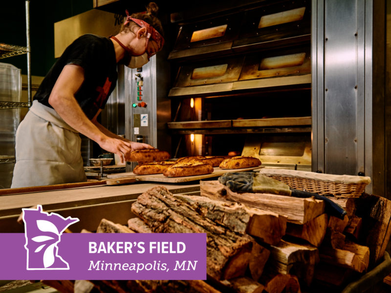 A person baking bread with text overlay that reads "Baker's Field"