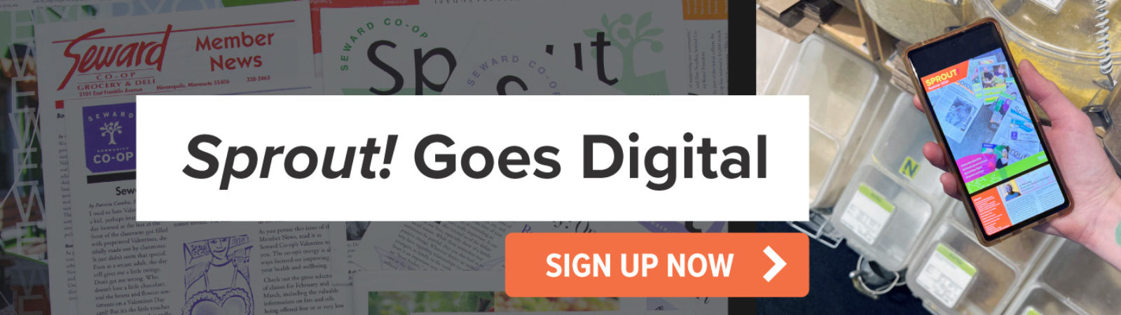 A banner to sign up for the new digital edition of the sprout!, with a button that says "sign up now"