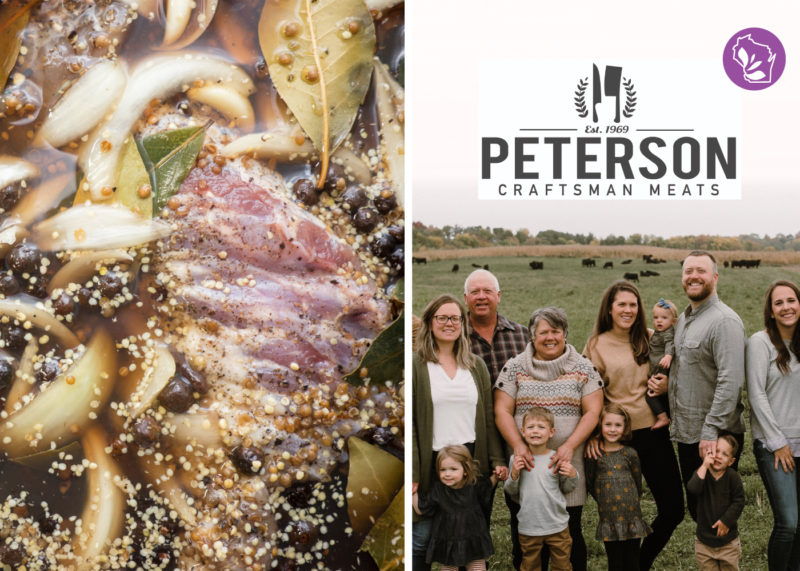 Two photos side by side, one of corned beef and one of a family standing in a field with the text "Peterson Craftsman Meats"