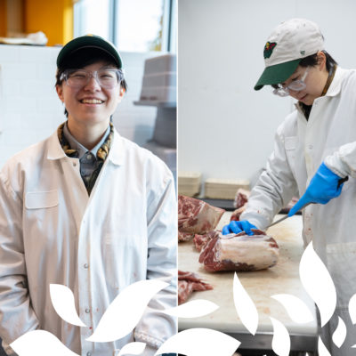 Two photos of a staff member from Meat and Seafood