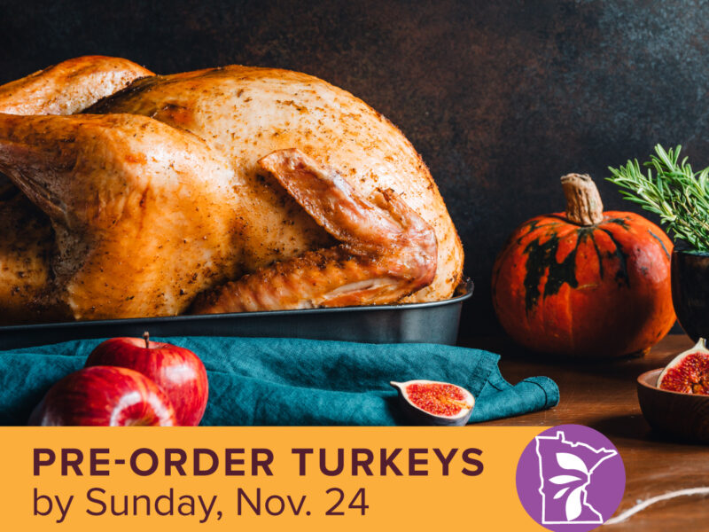 A picture of a turkey with text reading "Pre-order Turkeys by Sunday Nov. 24"