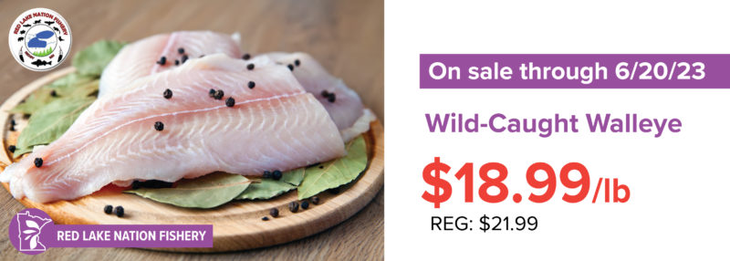 A graphic for a sale on walleye for $18.99/lb