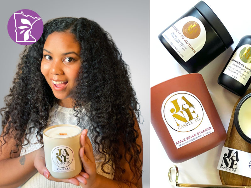 A photo of the owner of Jane Candle Co. holding a candle alongside a photo of other Jane Candle Co. products