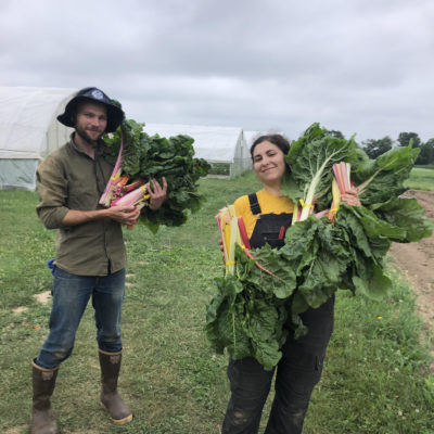 Two people holding chard and smiling