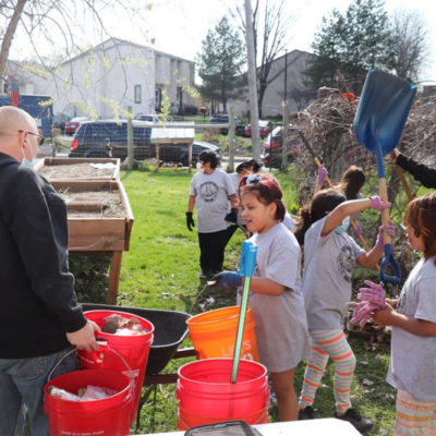 A group of children helping on a farm