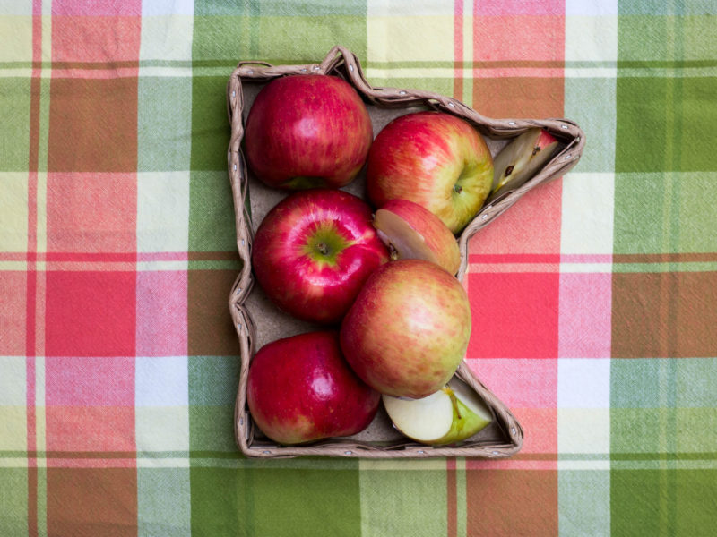 A box in the shape of Minnesota filled with apples on a red and green checkered blanket
