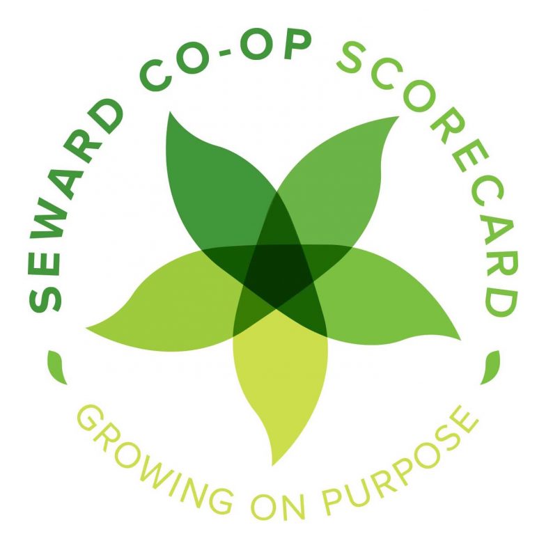 A green flower shape with text reading "Seward Co-op Scorecard Growing on Purpose"