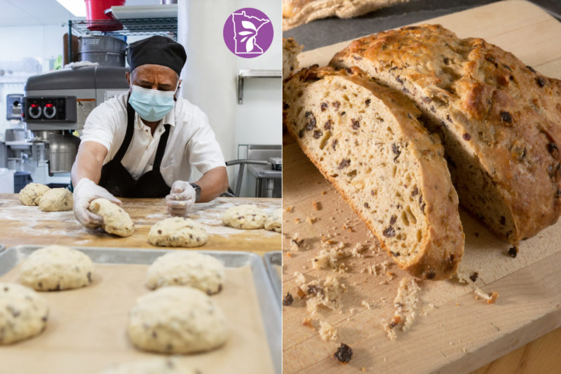 A person in a bakery making soda bread next to the finished product