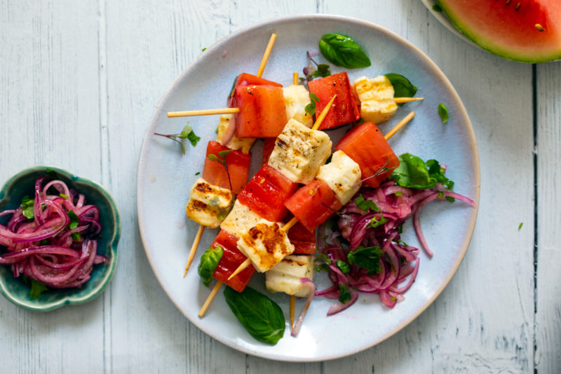 Grilled watermelon and halloumi chunks on skewers